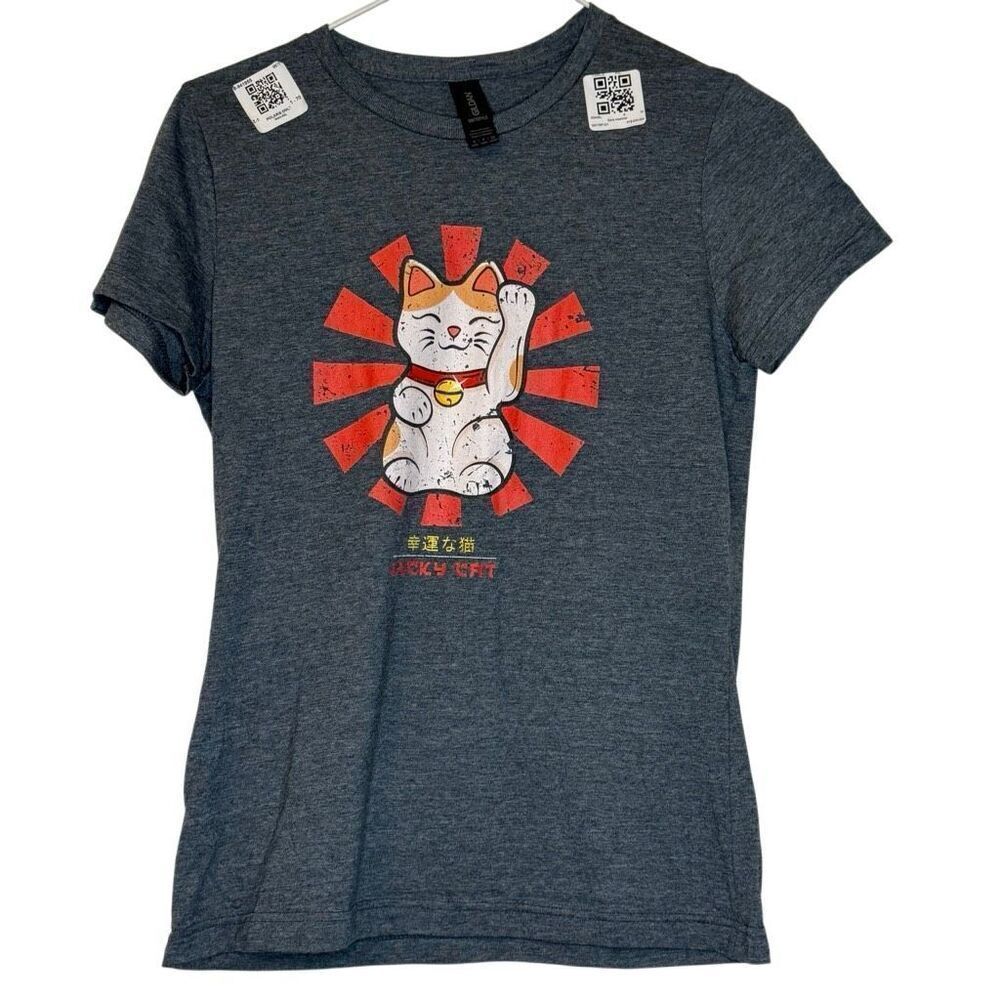 NWT Gildan Heather Crew Neck Softstyle Lucky Cat Graphic Tee Gray Small